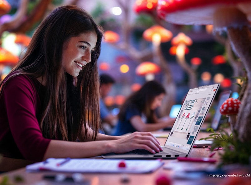 一位年輕女性在演講廳內,周圍環繞著蘑菇,正在 IdeaPad Pro 5i 筆記型電腦上打字。