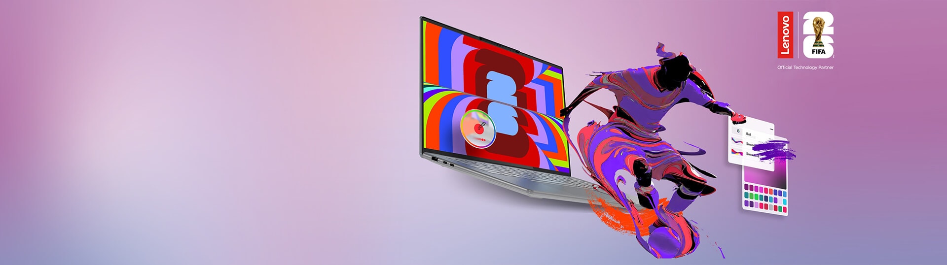 圖畫中一位足球球員正在運球,FIFA ’26 標誌似乎快要從 Yoga 筆記型電腦的螢幕上跳出來。