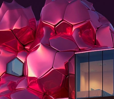 紅色和灰色的多面體設計，左側有一個窗戶