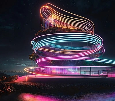 旋轉設計的黃色、藍色和粉紅色光線