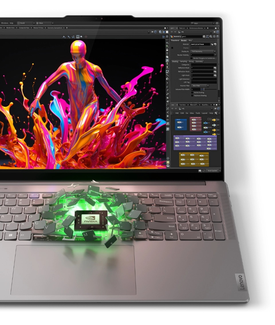 打開的 Yoga Pro 9i Gen 9 (16 吋 Intel),鍵盤上的 NVIDIA 品牌晶片閃爍著