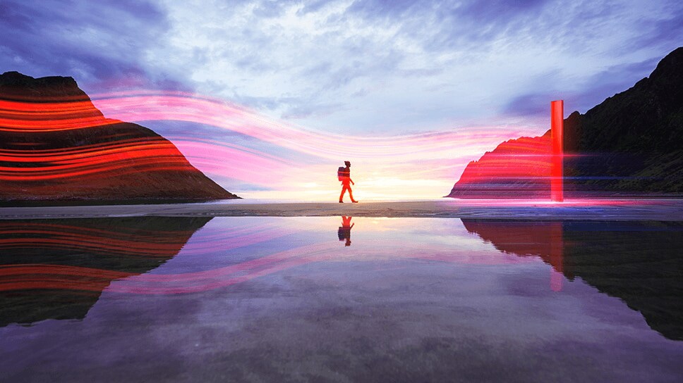 The picture shows a busy city street with pedestrians walking on a sidewalk where there's a strikingly red-colored panel.