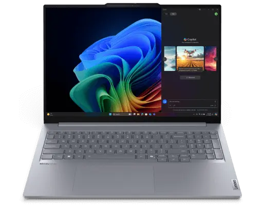 Lenovo ThinkBook 16 Gen 7 (16 吋 Snapdragon) 筆記型電腦，月亮灰色，正面視圖，機蓋打開，螢幕上顯示 Copilot 選單。