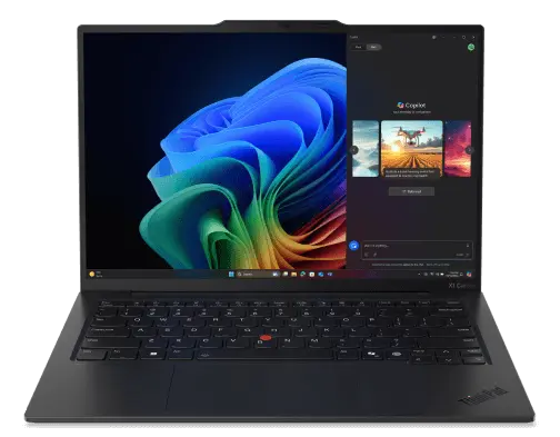 Lenovo ThinkPad 14s Aura Edition (14 吋) 筆記型電腦，黑色，正面視圖，機蓋打開，螢幕上顯示 Copilot 選單。