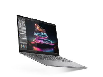 Lenovo Yoga Pro 7i Gen 9 (14 吋 Intel) 的左側視圖,螢幕上顯示了一束旋轉的光線